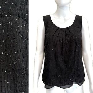 Talbots Sequin Embellished 100% Silk Tank Size 12 Black Shirred Flowy Scoop Neck